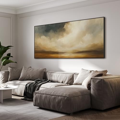 24"x46" Extra Large Framed Wall Art Golden Horizon Dramatic Abstract Landscape Illustration for Home Living Room Bedroom Decor