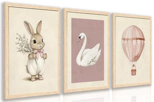 Wood Framed Pink Cute Bunny Nursery Wall Art Set of 3 (3 Count)