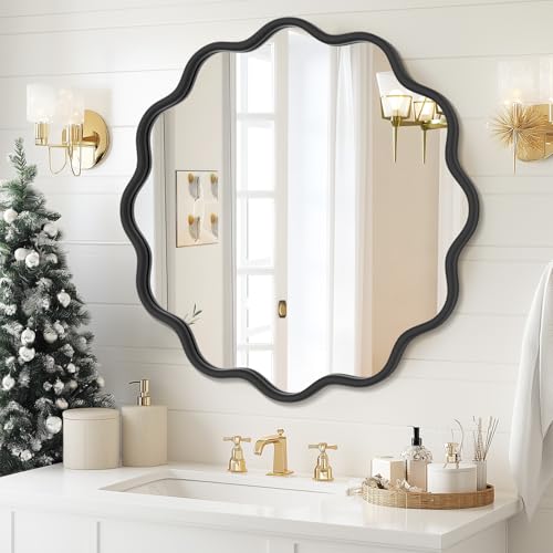 Black Round Mirror 28 Inch Wavy Bathroom Vanity Mirror Gold Frame Modern Wall Mirror Decorative Wall