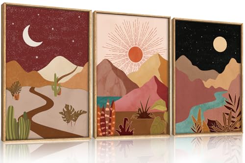 Large Boho Southwest Mountain Framed Canvas Wall Art (3 Count)