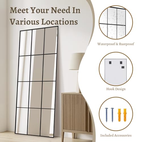Windowpane Mirror Full Length 71""x30"" Wall Mounted Art Pane Mirror Farmhouse Decorative Floor Mirror Leaning Hanging Wall Mirror for Bedroom Living Room Entrance