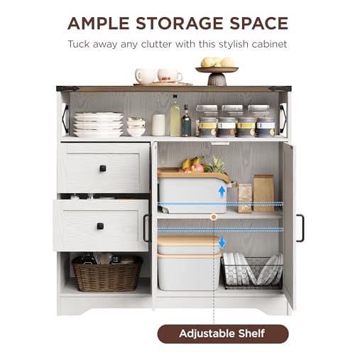 Farmhouse Buffet Sideboard Cabinet with 2 Drawers and Open Shelf