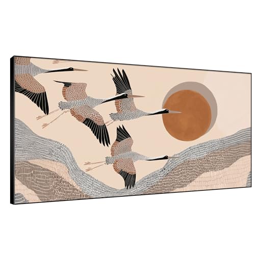 24"x46" Extra Large Framed Wall Art Flying Cranes Over Sunlit Hills Illustration for Home Living Room Bedroom Decor