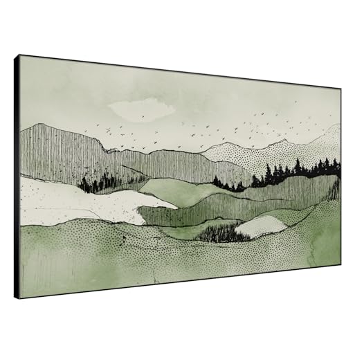 46"x72" Extra Large Framed Wall Art Green Line Art Mountain Landscape Illustration for Home Living Room Bedroom Decor