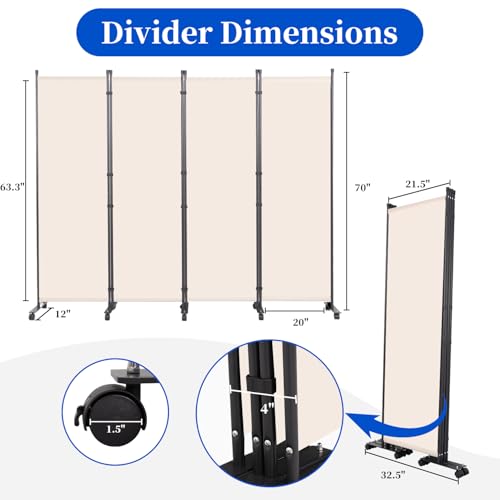 Room Divider 6FT 4 Panel Folding Wall Divider with Lockable Wheels (4 Count)