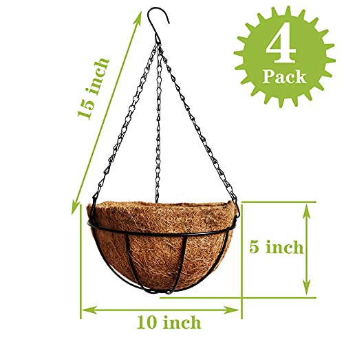 4 Pack 10 inch Metal Hanging Planters Basket with Coco Coir Liner Outdoor