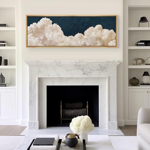 Large Framed Canvas Print Wall Art Cumulus Clouds Panoramic Dramatic Skyline Illustrations Antique Retro Fine Art Illustrations Decorative Colorful for Bedroom