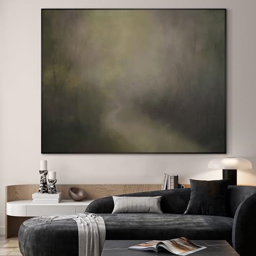 36"x46" Extra Large Framed Wall Art Muted Forest Path Soft Misty Woodland Scene Illustration for Home Living Room Bedroom Decor