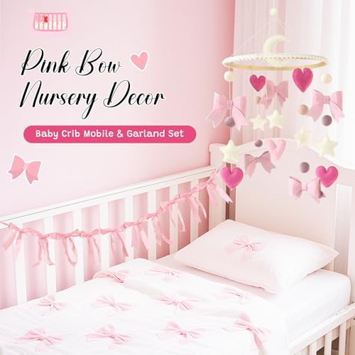 Pink Bow Baby Crib Mobile with Pink Ribbon Bow Garland Banner