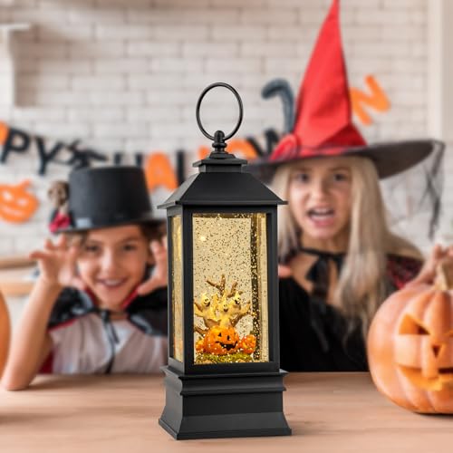 Halloween Snow Globe Lantern Water Glittering Spooky Ghosts in Pumpkins with Music