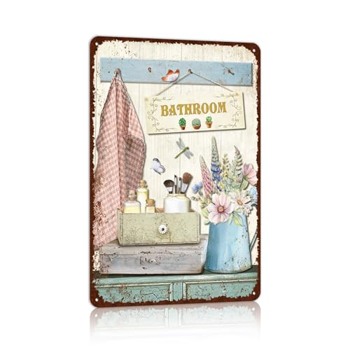 Farmhouse Bathroom Metal Tin Signs Rustic Flower Country Wall Art Decor