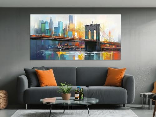 Cityscape Wall Art New York City Canvas for Living Room Painting Brooklyn Bridge Manhattan Bedroom Wall Art for Men Modern Picture Artwork Large Framed Home Office Wall Decor 48"x24"