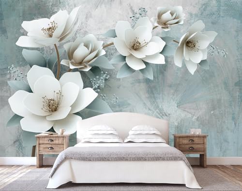 3D White Floral Wallpaper Green Background Wall Mural Girl Bedroom