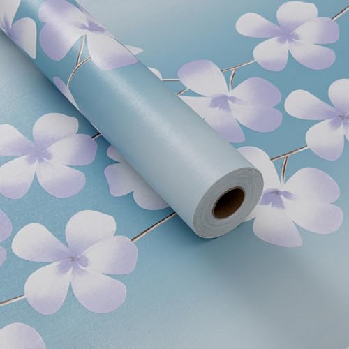 Blue Flora Peel and Stick Wallpaper 20.8"x394" Thick Slight Embossed Linen Textured Wall Paper Self (56.7 Sq Ft)