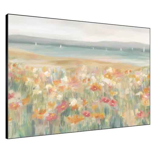 60"x72" Extra Large Framed Wall Art Coastal Flower Field with Sailing Boats Serene Landscape Illustration for Home Living Room Bedroom Decor