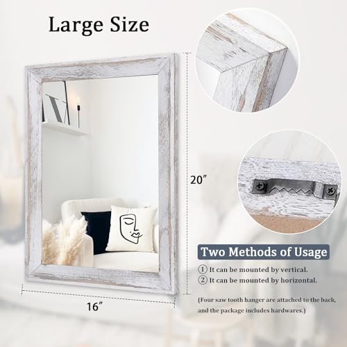 Mirrors for Wall Rustic Wood Framed Hanging Mirror 20"x16" Decorative for Farmhouse Bedroom Bathroom Living Room Entryway Hallway White