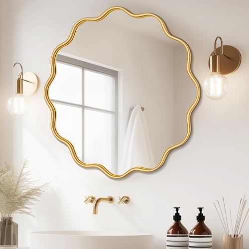 Gold Round Mirror 32 Inch Wavy Bathroom Vanity Mirror Gold Frame Modern Wall Mirror Decorative Wall