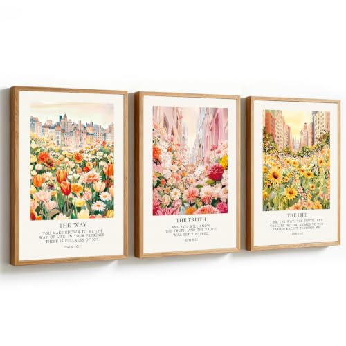 KAlRNE Christian Floral Framed Canvas Bible Verse Wall Art Set (3 Count)