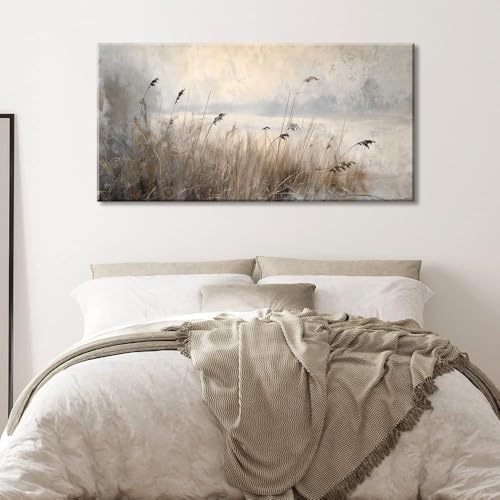 Vintage Meadow Wall Art for Living Room Reed Grass Canvas Painting Prints Large Retro Rustic Cottagecore Countryside Landscape Farmhouse Bedroom Artwork Home Decor