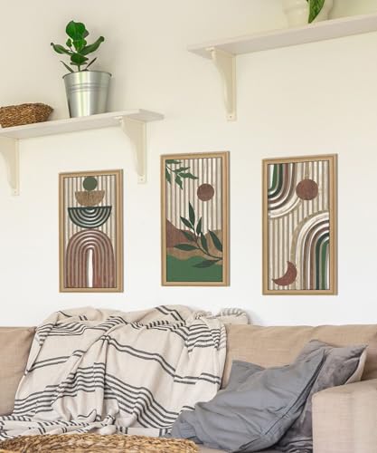 Boho Wall Art Set of 3 Modern Minimalist Wooden Wall Decor Abstract Earth Tone Room Decorations Mid Century Artwork for Living Room Bedroom Office in Earthwood Canyon 16.5 x 8.6 Inch (3 Count)