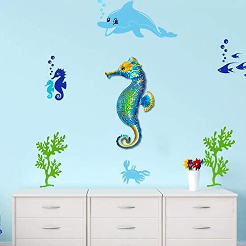 Seahorse Sea Wall Decor Outdoor Metal Garden Hanging Art Glass Sculptures Home Ocean Theme Decorations for Kitchen Bathroom and Pool