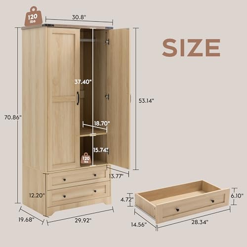 2 Doors Wooden Armoire Wardrobe Closet with 2 Drawers