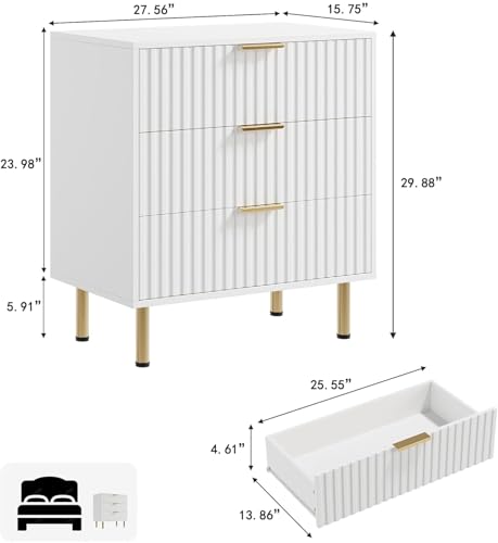 Fluted White 3 Drawer Dresser for Bedroom with Deep Drawers