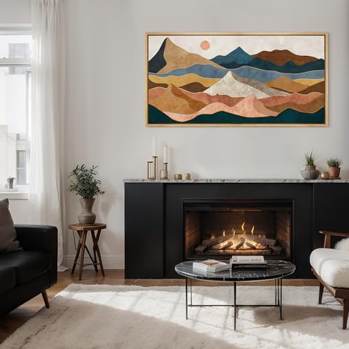 Extra Large Framed Canvas Print Wall Art Desert Peaks Colorful Geometric Mountain Illustrations Antique Retro Fine Art Illustrations Decorative Colorful for Bedroom
