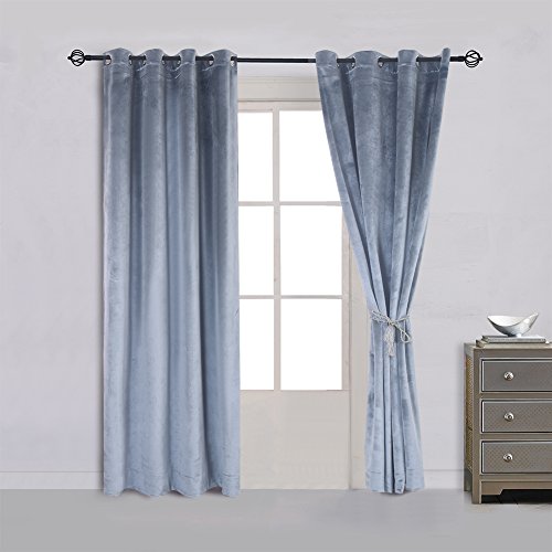 Super Soft Luxury Velvet Stone Blue Blackout Drapes Room Darkening Curtains Panel Grommet Top Curtain Drapery 52 by 120 inch Dusty Blue