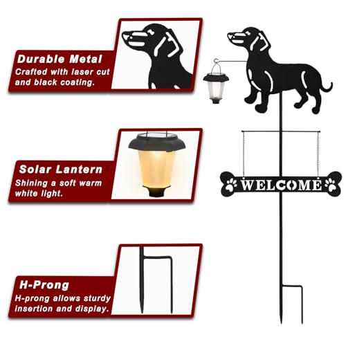 Solar Dachshund Silhouette Dog Breed Welcome Sign with a Lantern