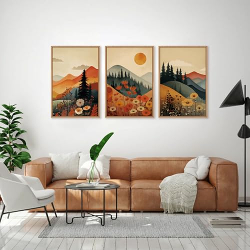 Large Boho Mountain Sunset Framed Canvas Wall Art Set