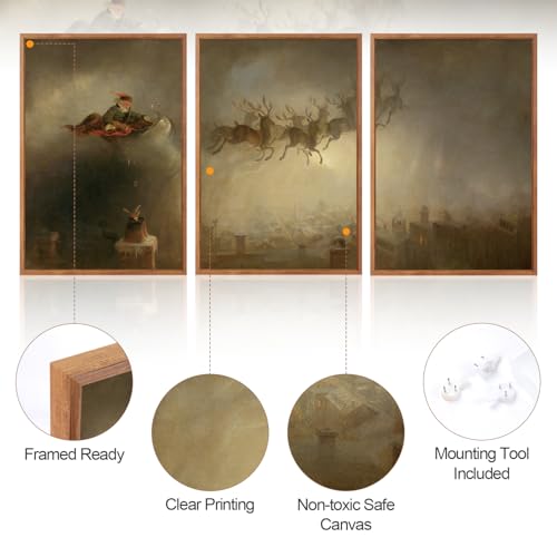 3 Pcs Santa Sleign Rides Framed Canvas Wall Art 16x24 Inch