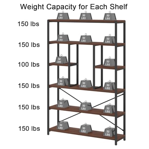 6 Tier Industrial Bookshelf for Bedroom Living Room Office