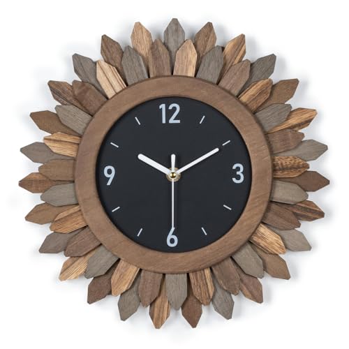 Wall Clock Battery Operated 12 in Rustic Wood Boho Sunburst Decorative Wall Clock Silent Non Ticking Farmhouse Small Wall Clocks for Living Room Kitchen Bathroom Bedroom Decor