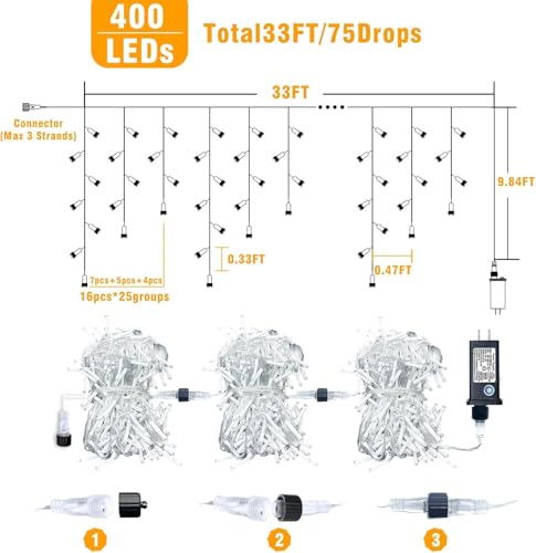 Blue and White Christmas Lights Outdoor Icicle Lights for Outside 33ft 400L