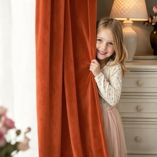 Fall Burnt Orange Blackout Velvet Curtains 90 Inch Long 52"x90" Soft (2 Count)