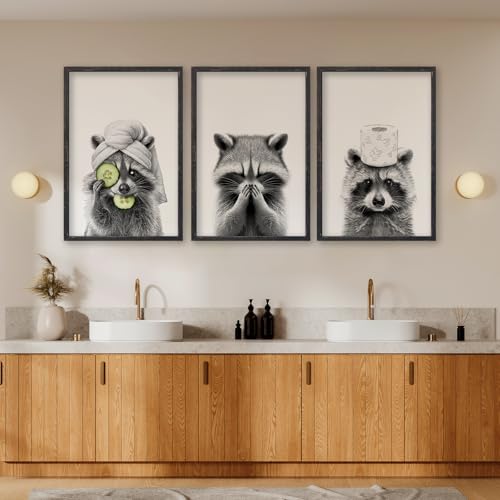 Raccoon Bathroom Wall Art Decor Set of 3 16x11 Inch Black