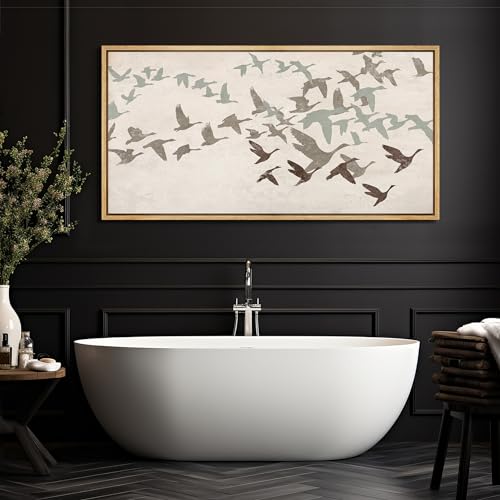 Extra Large Framed Canvas Print Wall Art Wild Freedom Assorted Birds in Flight Antique Retro Fine Art Illustrations Decorative Colorful for Bedroom