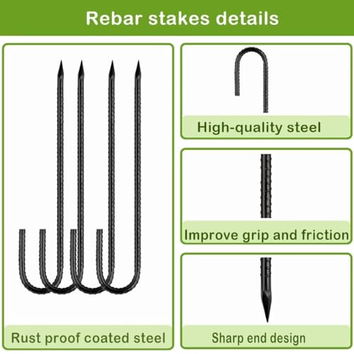Rebar-Stakes-12-Inch, Ground Stakes Heavy Duty J-Hook Black Coated Anti-Rust Heavy Duty Ground Anchors for Garden Dog Fence Chicken Coop Christmas Decorations Deer Fence 4pcs (4 Count)