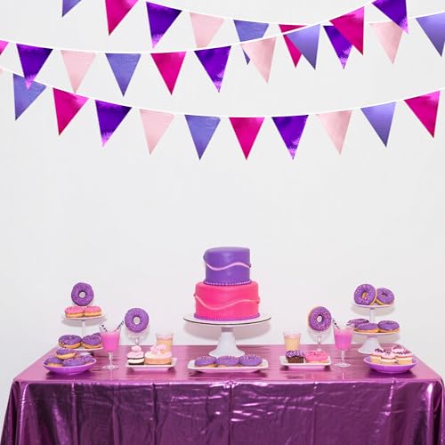 Pink and Purple Party Decorations Metallic Hot Pink Lavender Fabric Triangle Pennant Banner Flag Bunting Garland for Girls Women Birthday Wedding Baby Shower Bachelorette Engagement Party Supplies (36 Count)