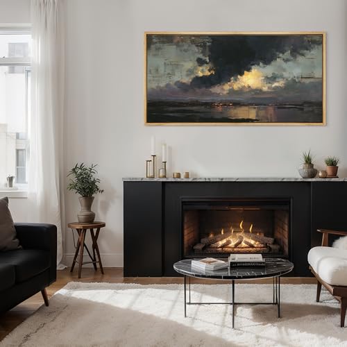 Extra Large Framed Canvas Print Wall Art Misty Lake Landscape Antique Retro Fine Art Illustrations Decorative Colorful for Bedroom