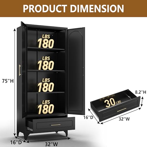 75" Tall Black Metal Pantry Storage Cabinet with 1 Drawer