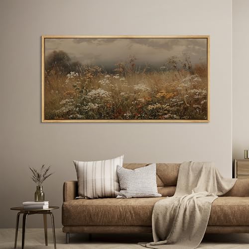 Extra Large Framed Canvas Print Wall Art Autumn Meadow Landscape Rustic Field Illustrations Fine Art Illustrations Decorative Colorful for Bedroom