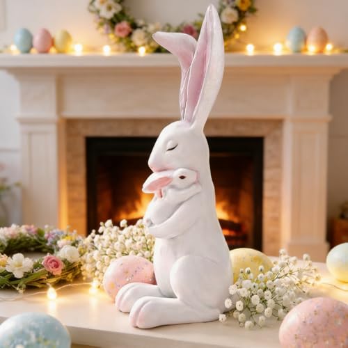 Easter Bunny Figurine Cartoon Cute Mother and Child Rabbit Desk Display Ornament Cute Rabbit Mom Holding a Little Rabbits Resin Easter Statue for Home and Office Tabletop Decor Supplies