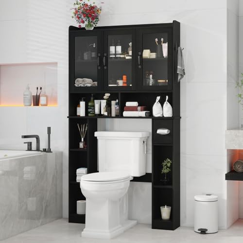 Black Over The Toilet Storage Cabinet with Glass Doors