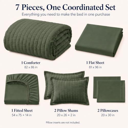 Full Size Comforter Set 7 Pieces Dark Green Seersucker Bed in a Bag