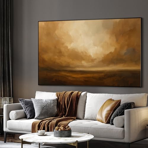 46"x72" Extra Large Framed Wall Art Golden Horizon Abstract Landscape Warm Brown and Amber Sky Illustration for Home Living Room Bedroom Decor