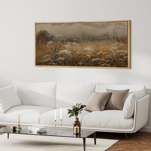 Extra Large Framed Canvas Print Wall Art Autumn Meadow Landscape Rustic Field Illustrations Fine Art Illustrations Decorative Colorful for Bedroom