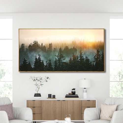 Large Foggy Forest Canvas Wall Art Landscape Mountain Painting 30x60 Inch Framed Wall Art for Bedroom Living Room Kitchen Office