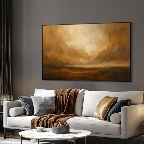 36"x60" Extra Large Framed Wall Art Golden Horizon Abstract Landscape Warm Brown and Amber Sky Illustration for Home Living Room Bedroom Decor